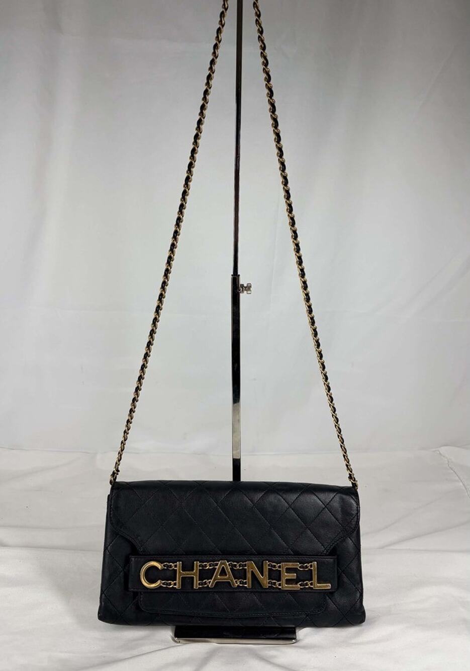 Chanel Black Logo Enchained Flap Quilted Calfskin Clutch SPB JA-369521